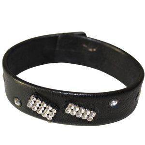 Black Genuine Leather Crystal Cuff Bracelet